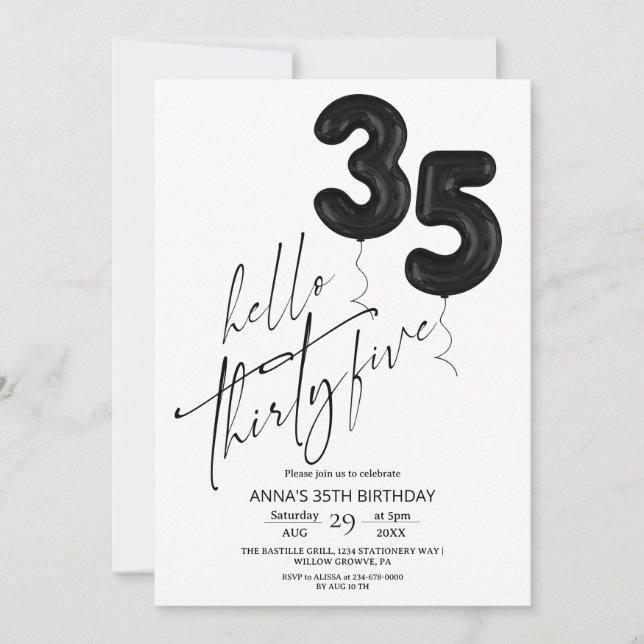 Convites Minimal Modern Black White 35th Birthday (Frente)