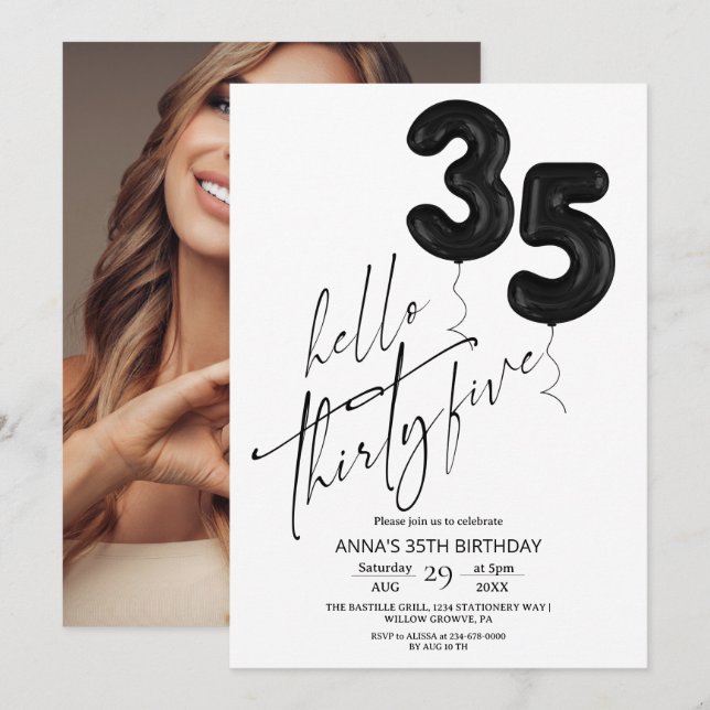 Convites Minimal Modern Black White 35th Birthday (Frente/Verso)