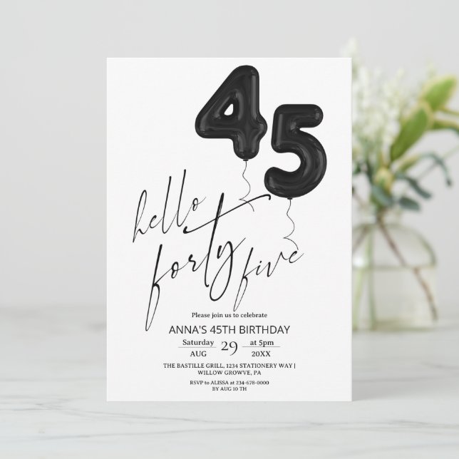 Convites Minimal Modern Black White 45th Birthday (Em pé/Frente)