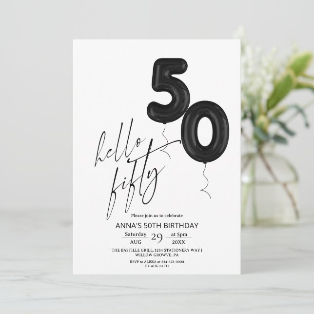 Convites Minimal Modern Black White 50th Birthday (Em pé/Frente)