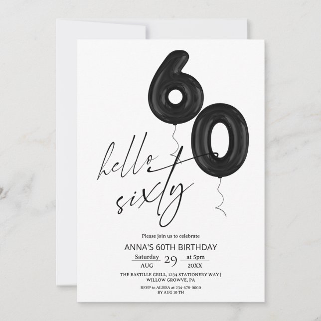Convites Minimal Modern Black White 60th Birthday  (Frente)
