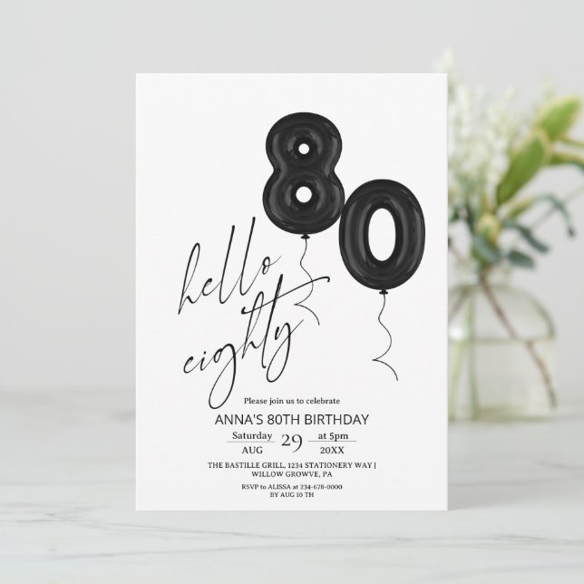 Convites Minimal Modern Black White 80th Birthday (Em pé/Frente)