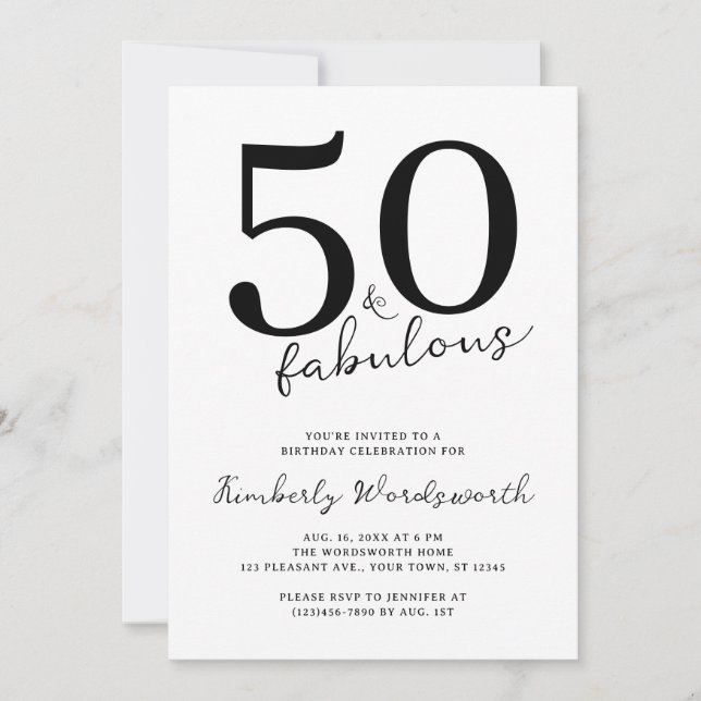 Convites Minimal Modern Fifty and Fabulous 50th Birthday (Frente)