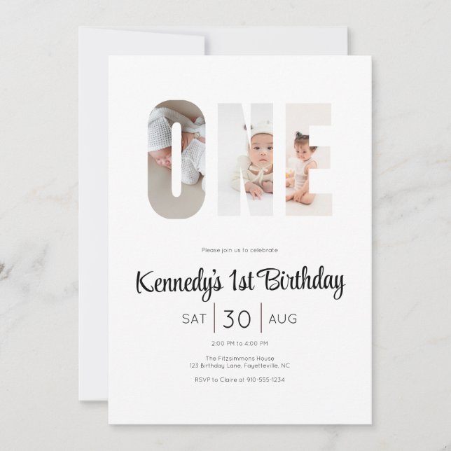 Convites Minimal Modern First Birthday Photo Party  (Frente)