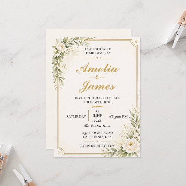 Convites Minimal Modern Gold Wedding Invitation Elegant  (Frente/Verso In Situ)