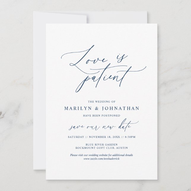 Convites Minimal Navy, O amor é paciente, casamento adiado (Frente)