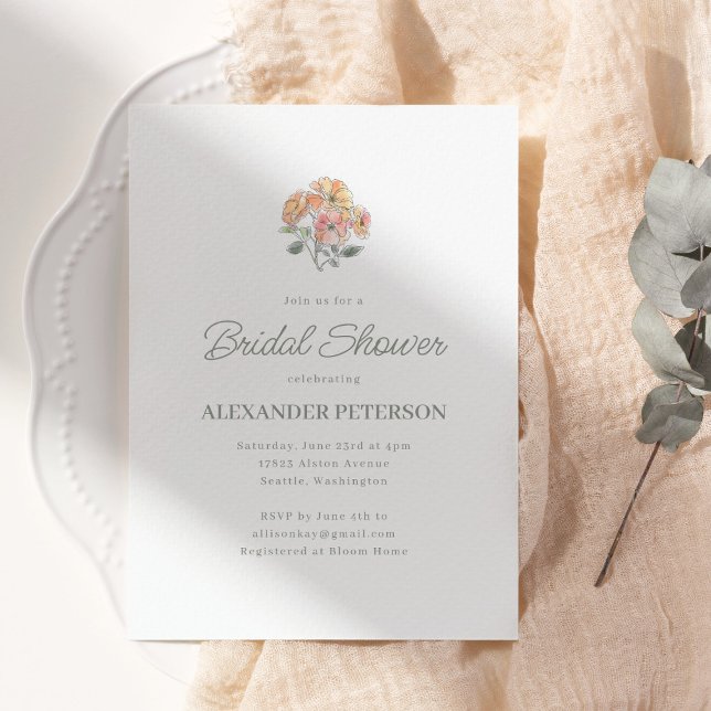 Convites Minimal Peach Floral Bridal Shower Elegant Script (Criador carregado)