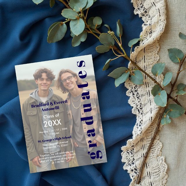 Convites Minimal Photo Editorial Style Double Graduation (Minimal Editorial Style Double Graduation Photo Invitation Design. )