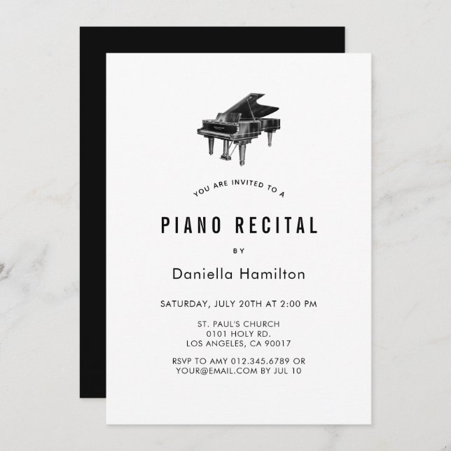 Convites Minimal Piano White Recital Invitation (Frente/Verso)