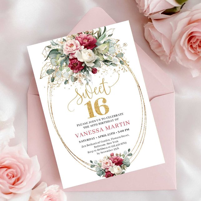 Convites Minimal Red Blush Greenery Gold Sweet 16 Birthday (Minimal Red Blush Greenery Sweet 16 Birthday Invite)