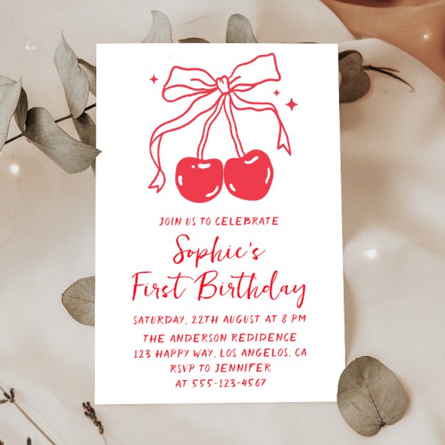 Convites Minimal Red Bow Cherry Fruit 1st Birthday Party (Criador carregado)