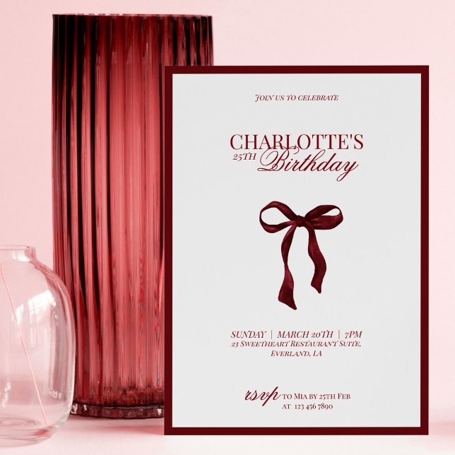 Convites Minimal Red & Burgundy Bow Birthday Invitation (Criador carregado)