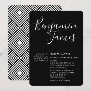 Convites MINIMAL SCRIPT Bar moderno Mitzvah preto branco