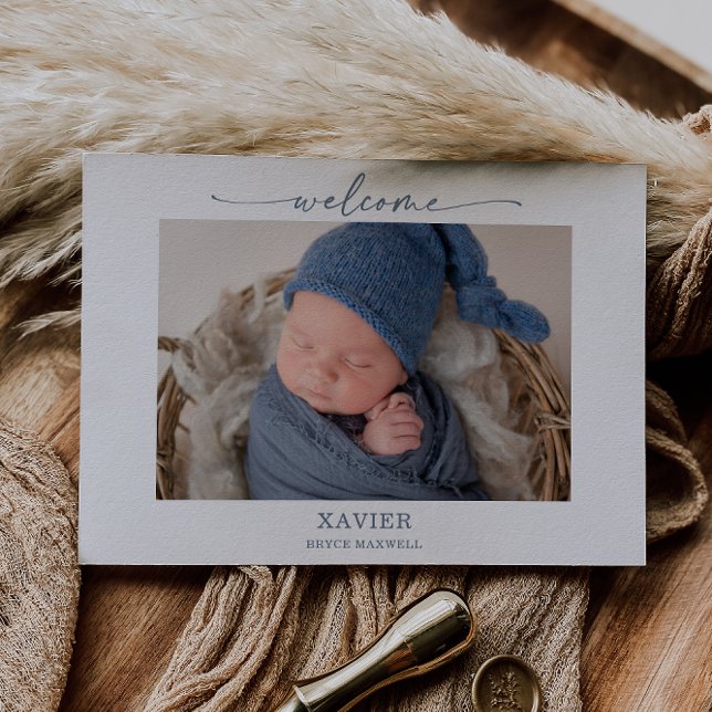 Convites Minimal Simple Navy Photo Baby Announcement Card (Criador carregado)