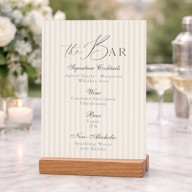 Convites Minimal Taupe Stripe Wedding Bar Menu  (Criador carregado)