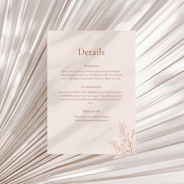 Convites Minimal Terracotta Botanical Details Card (Minimal Terracotta Botanical Details Card on a sunny neutral dry palm leaf.)