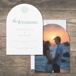 Convites Minimal Typography Aqua White Shell Photo Wedding