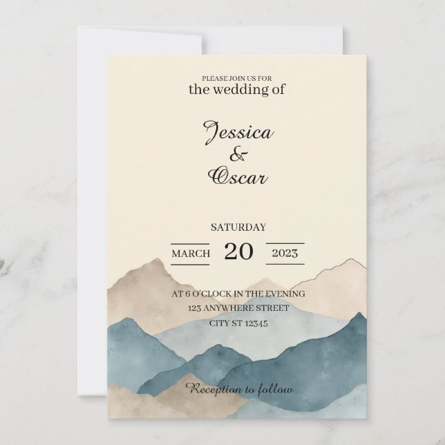 Convites Minimal Watercolor Mountain Wedding Invitation (Frente)