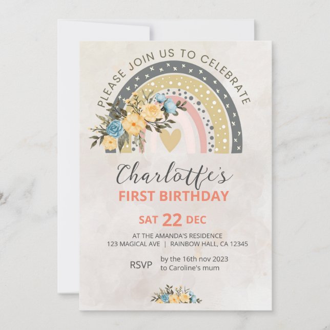 Convites Minimali Pompas Grass Retro Rainbow Boho Birthday (Frente)