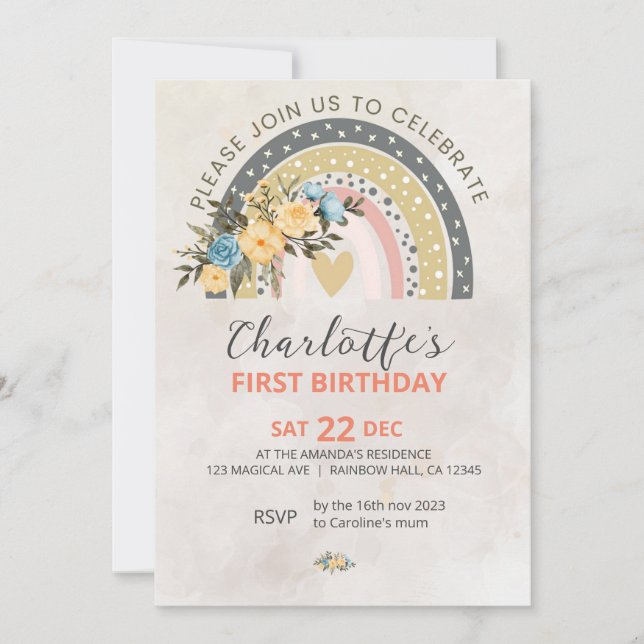 Convites Minimali Pompas Grass Retro Rainbow Boho Birthday (Frente)