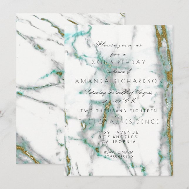 Convites Minimalismo Verde Menta Branco Dourado Mármore Ver (Frente/Verso)
