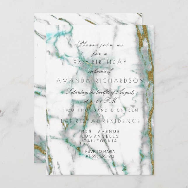Convites Minimalismo Verde Menta Branco Mármore Dourado (Frente/Verso)