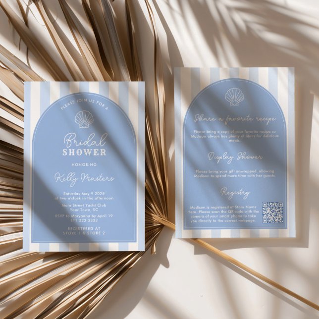Convites Minimalist Arch Blue & White Beachy Bridal Shower (Simple blue and white seashell beach bridal shower double-sided invitation with QR code)