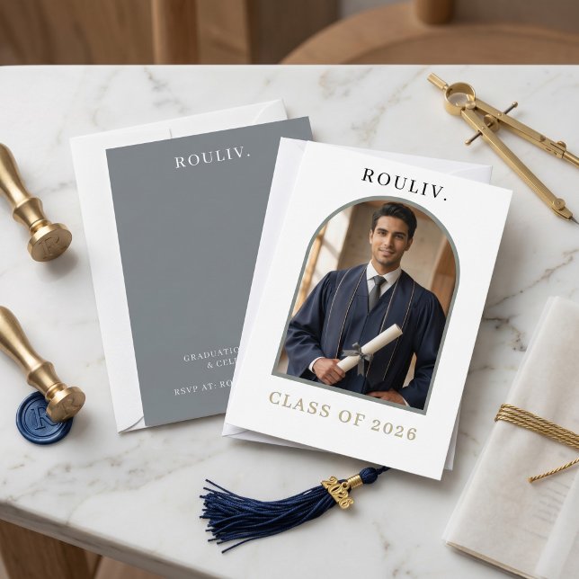 Convites Minimalist Arch Photo Graduation | Rolling Stone (Minimalist Architectural Arch Graduation Invitation | Photo Class of 2026 | ROULIV Stone Grey & Gold)