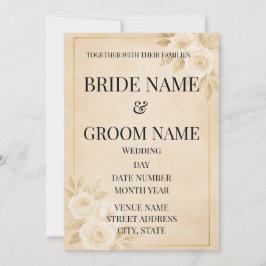 Convites Minimalist Beige & Gold Floral Wedding Invitation