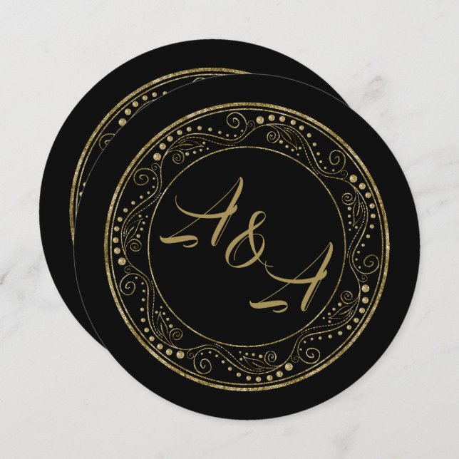 Convites Minimalist Black and Gold Wedding Invitation (Frente/Verso)