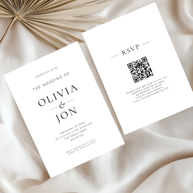 Convites Minimalist Black and White QR Code Wedding (Front and back)