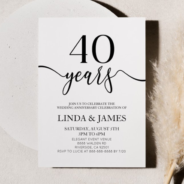 Convites Minimalist Black White 40th Wedding Anniversary (Criador carregado)