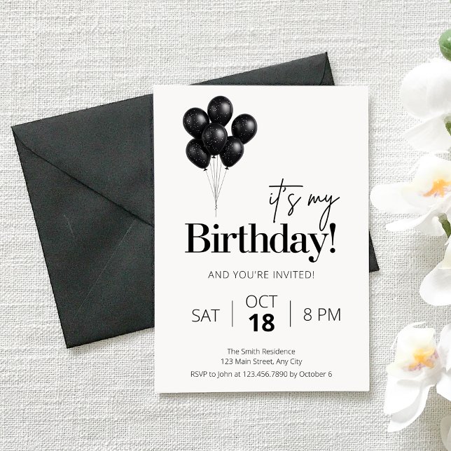 Convites Minimalist Black & White Balloon Birthday (Criador carregado)