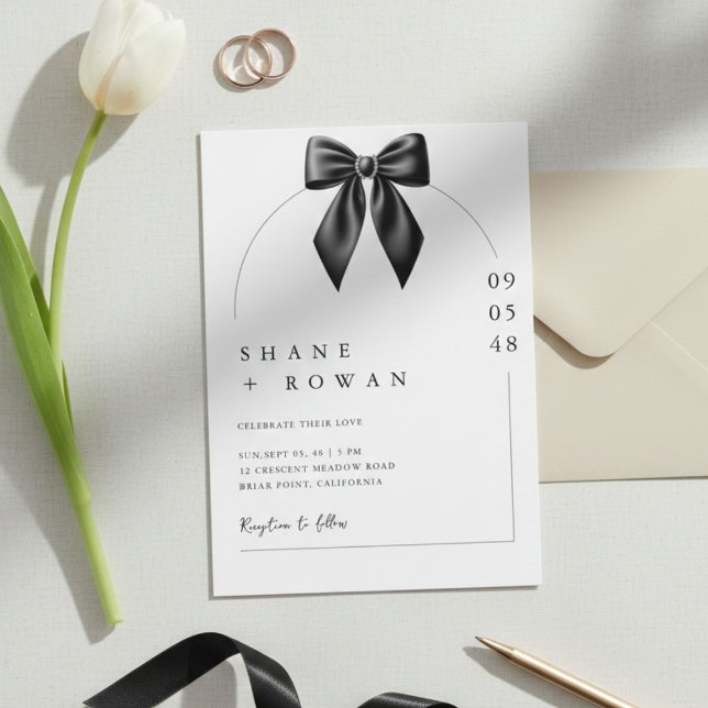 Convites Minimalist Black & White Bow Wedding Invitation  (Criador carregado)