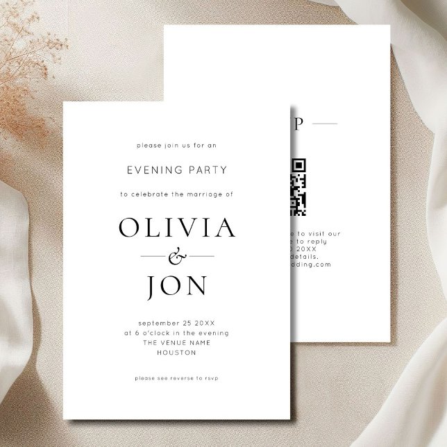 Convites Minimalist Black White QR Code Wedding Evening (Front and back view)