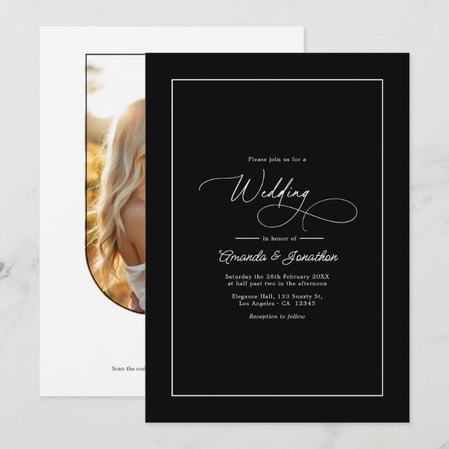 Convites Minimalist Black & White Timeless Wedding QR Code (Frente/Verso)