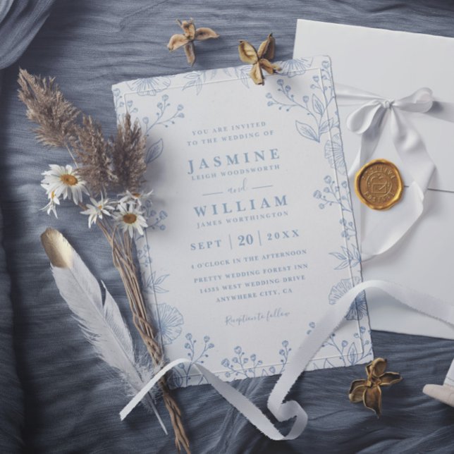 Convites Minimalist Blue Floral Elegant QR Code Wedding (Criador carregado)