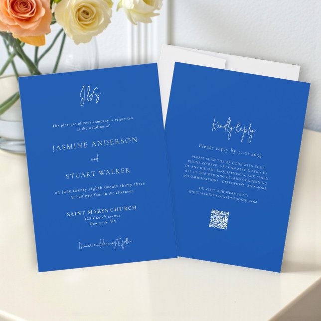 Convites Minimalist Blue Wedding Invitation QR Website link (Criador carregado)