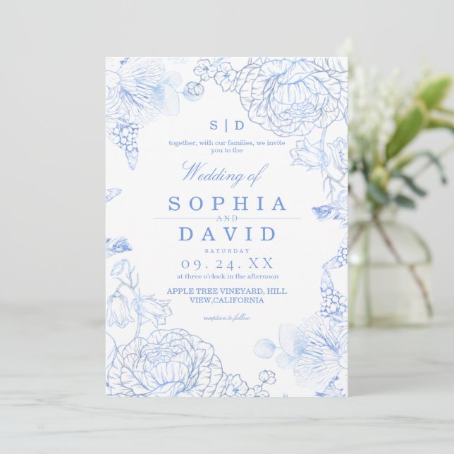 Convites Minimalist Blue WildFlower Rustic Wedding  (Em pé/Frente)