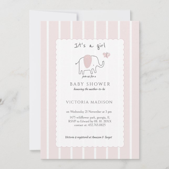 Convites Minimalist Blush Pink Elephant Sketch Its a Girl  (Frente)