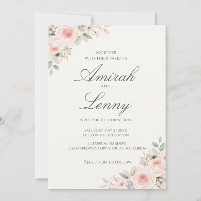 Convites Minimalist Blush Pink Floral Wedding Invitation (Frente)