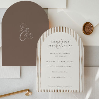 Convites Minimalist Boho Cocoa Brown Stripes Ivory Wedding
