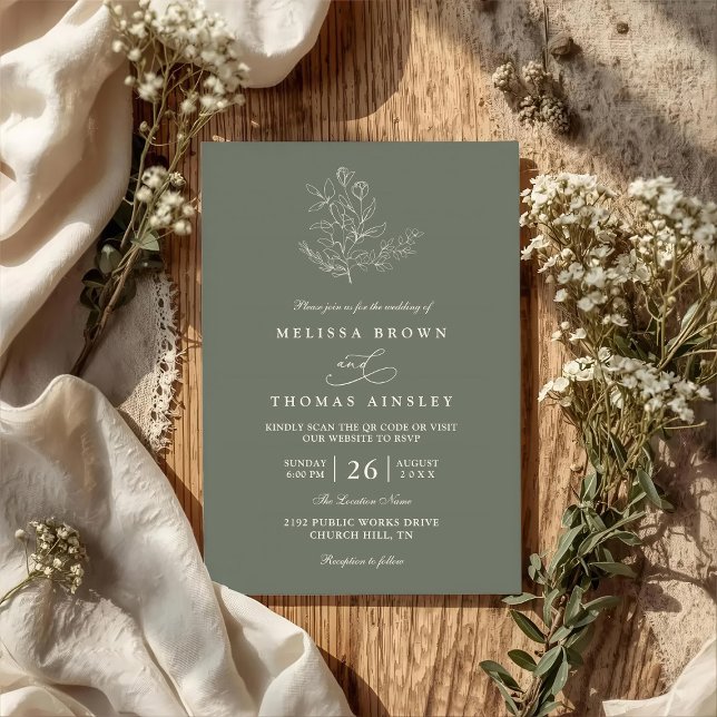 Convites Minimalist Boho Floral Sage Modern QR Code Wedding (Criador carregado)