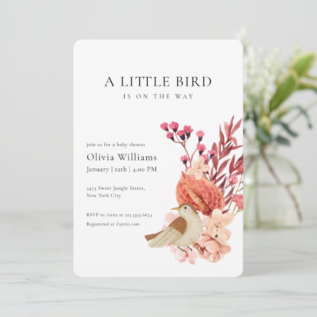 Convites Minimalist Boho Flower Tiny Bird Baby Shower   (Em pé/Frente)