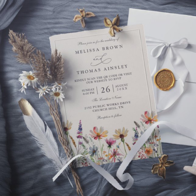 Convites Minimalist Boho Wildflower Floral QR Code Wedding (Criador carregado)