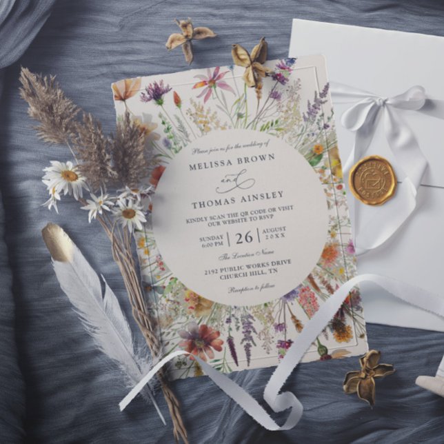 Convites Minimalist Boho Wildflower Floral QR Code Wedding (Criador carregado)