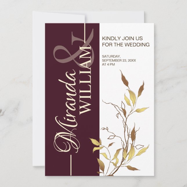 Convites Minimalist Botanical Burgundy Wedding Invitation (Frente)