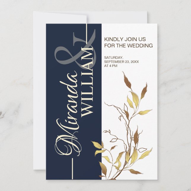Convites Minimalist Botanical Navy Blue Wedding Invitation (Frente)