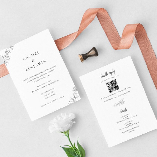 Convites Minimalist Botanical Wedding Elegant QR Code (Criador carregado)