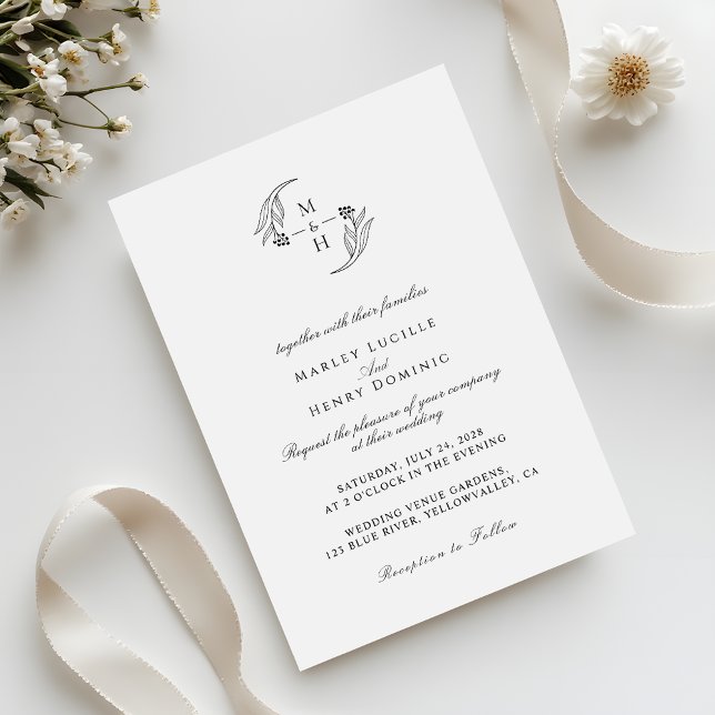 Convites Minimalist botanical Wreath Monogram Wedding (Criador carregado)